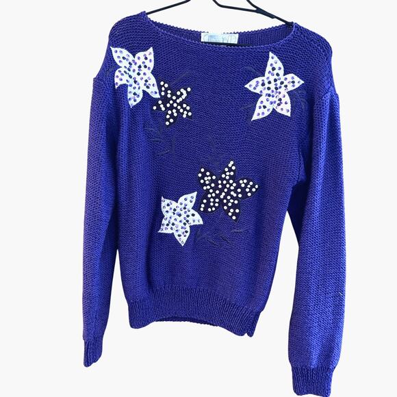 Nannell VTG Purple Sweater Sz Lg Hand Knit Appliqué Stars Sequin - Picture 1 of 5